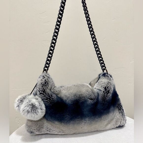 Gray Gradient Real Rex Rabbit Fur Soft Slouchy Bag/Crossbody & Fur Balls Charm - Picture 1 of 17
